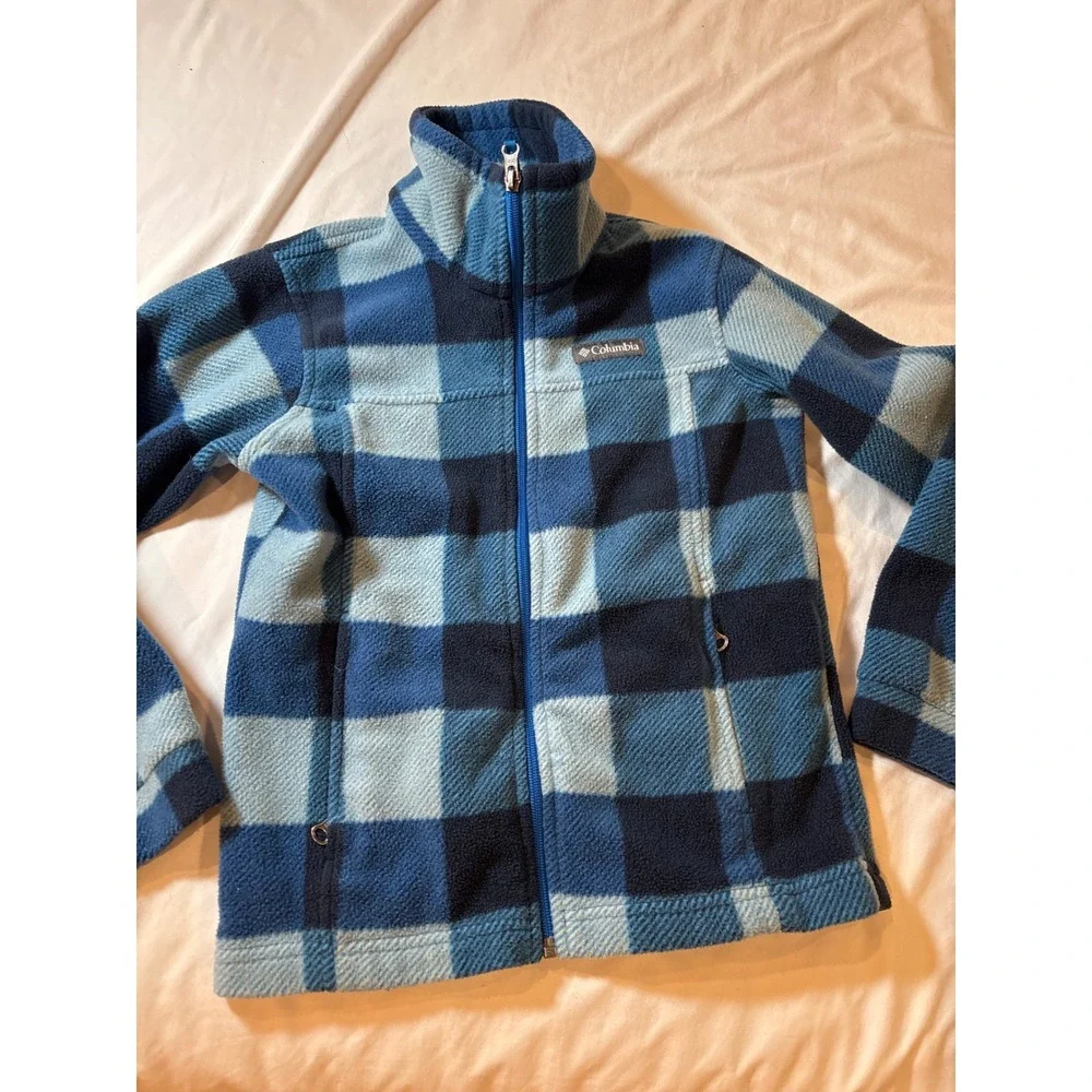 Columbia Kids Blue Buffalo Plaid Full‎ Zip Fleece Jacket Mock Neck Small 8